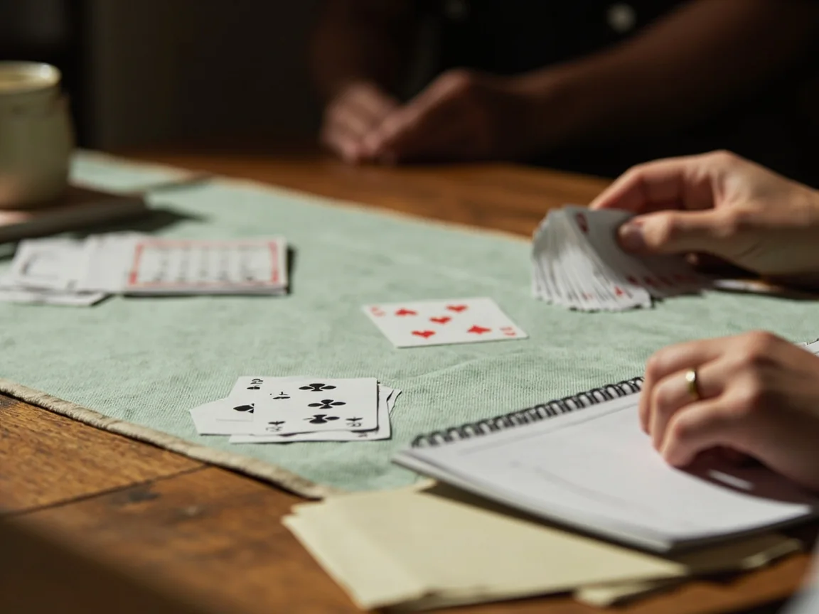 A deal-room tabletop scene with a small stock pile, a partial fan, a discard pile and a score notepad