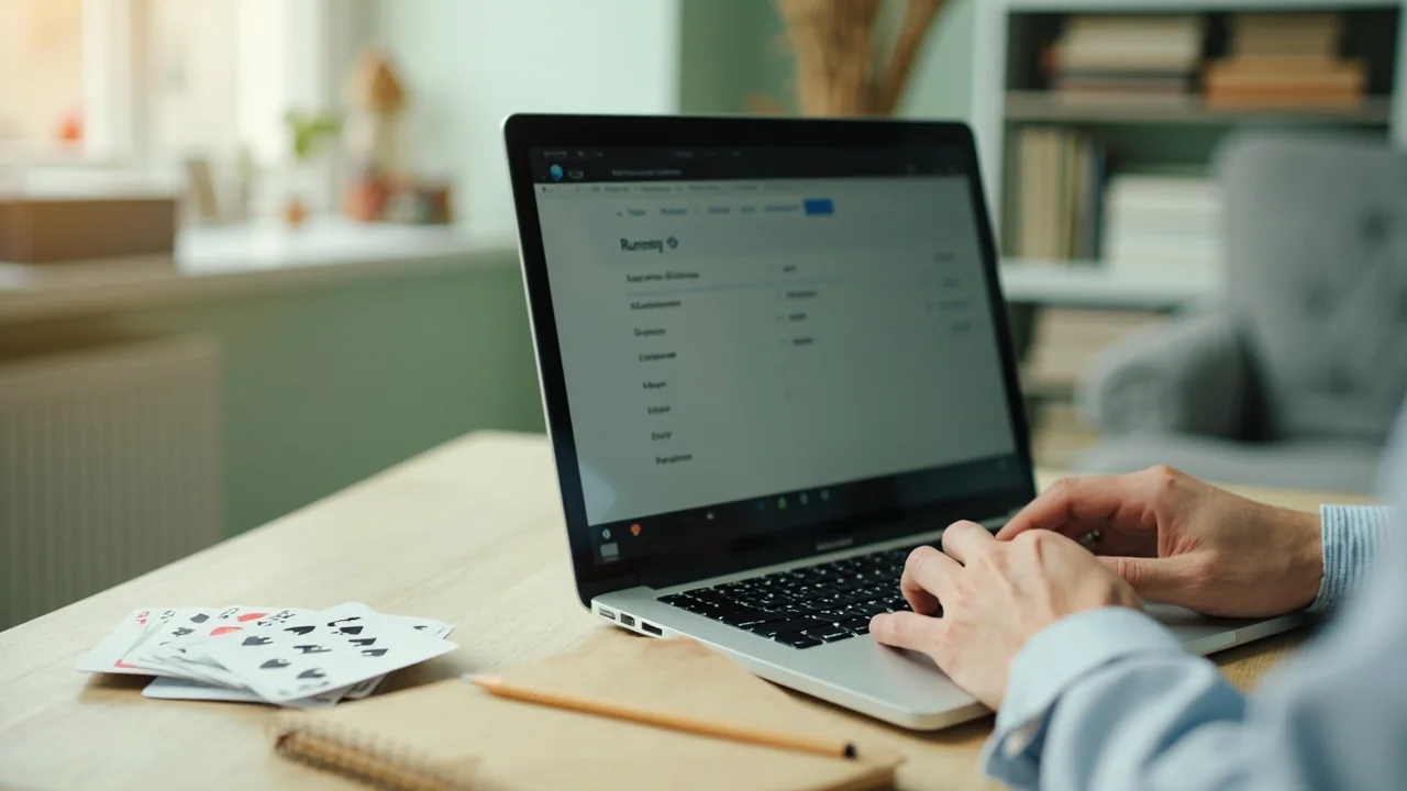A laptop open on a pale oak desk beside a small stack of playing cards and a kraft notepad, suggesting a reader cross-referencing the platform